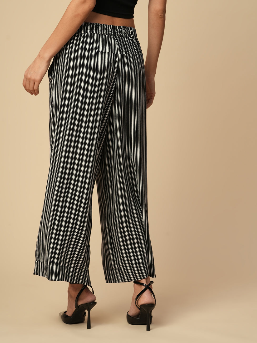 PRINTED STRIPES VISCOSE CREPE ELASTICATED WIDE LEG PANTS