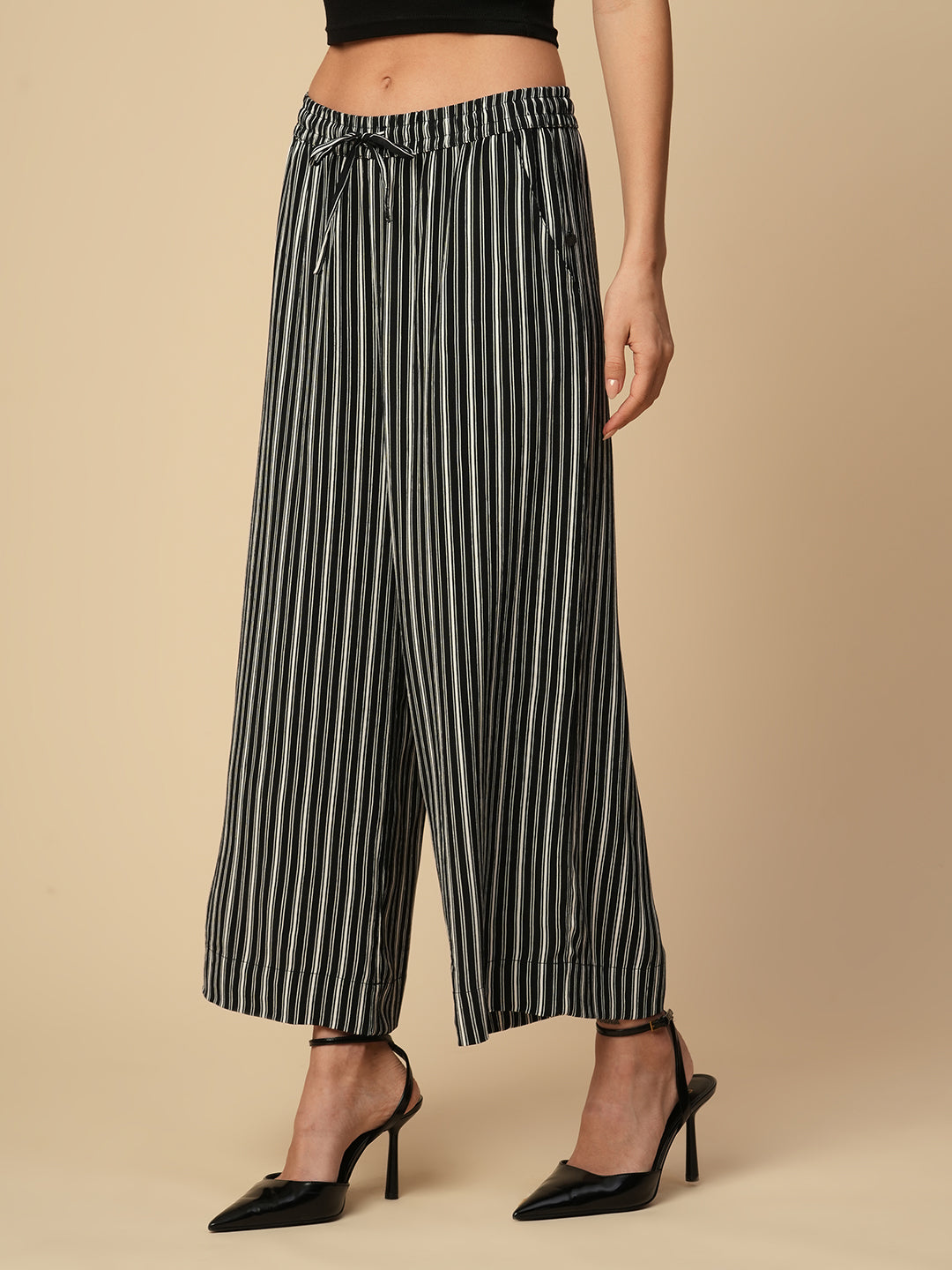 PRINTED STRIPES VISCOSE CREPE ELASTICATED WIDE LEG PANTS