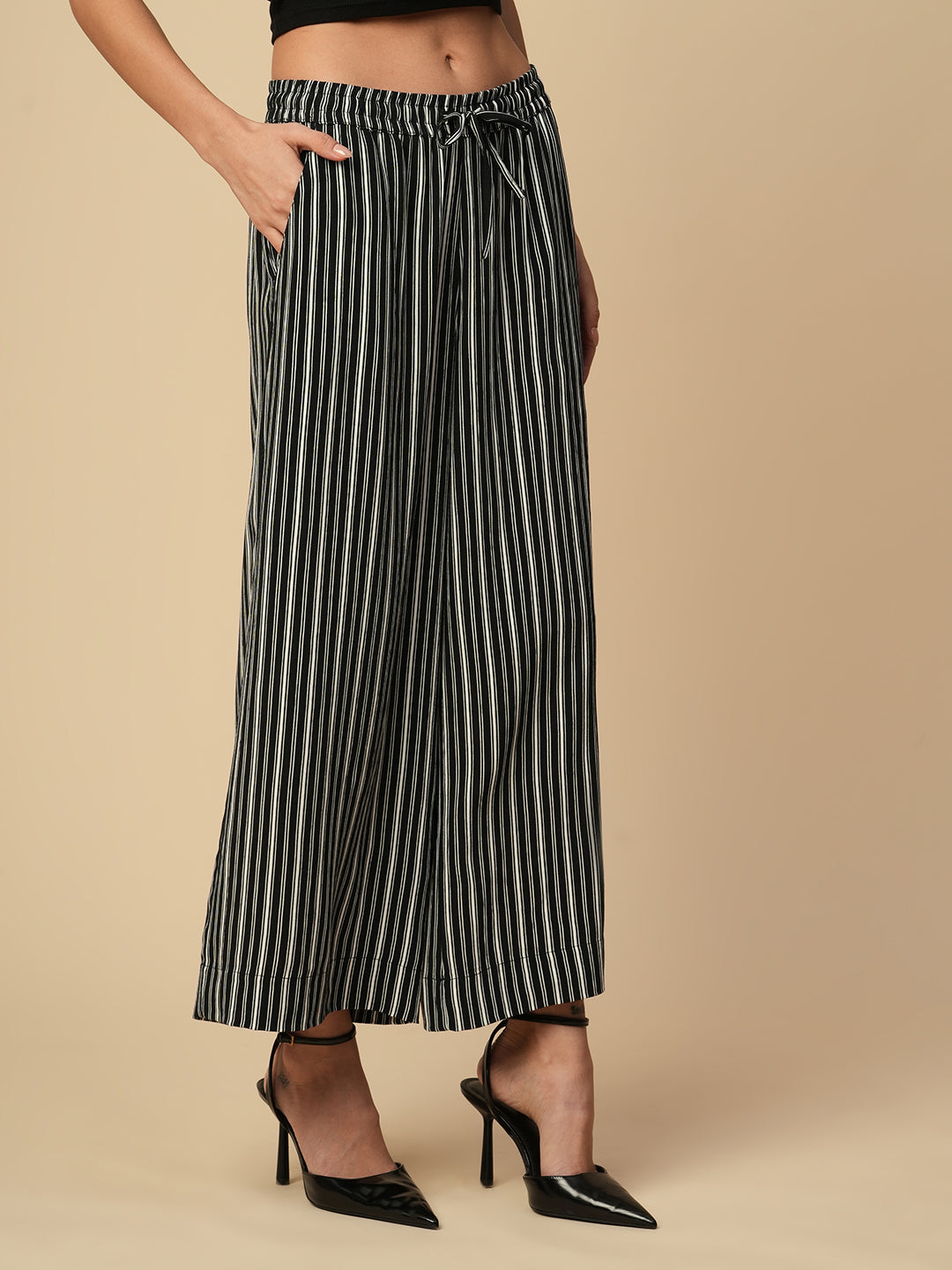 PRINTED STRIPES VISCOSE CREPE ELASTICATED WIDE LEG PANTS