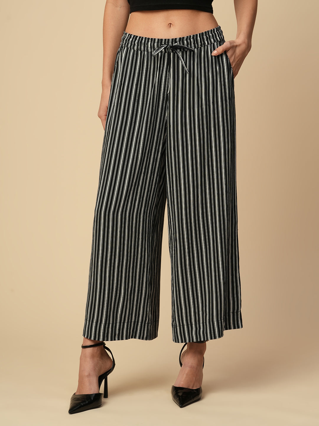 PRINTED STRIPES VISCOSE CREPE ELASTICATED WIDE LEG PANTS