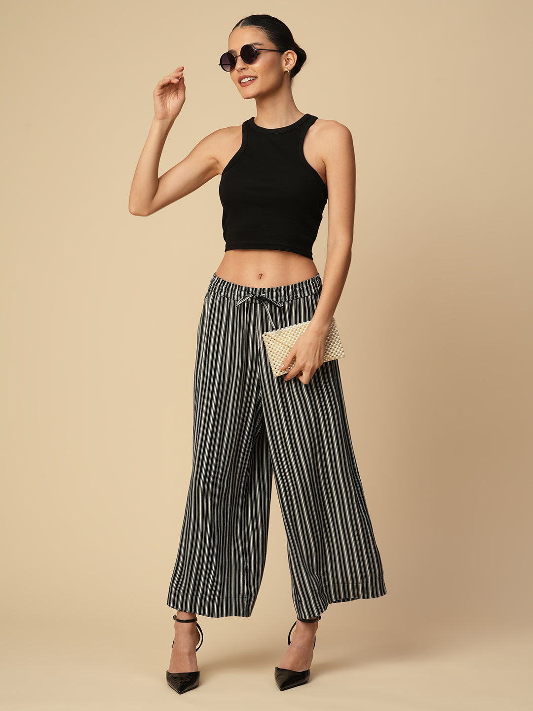 PRINTED STRIPES VISCOSE CREPE ELASTICATED WIDE LEG PANTS