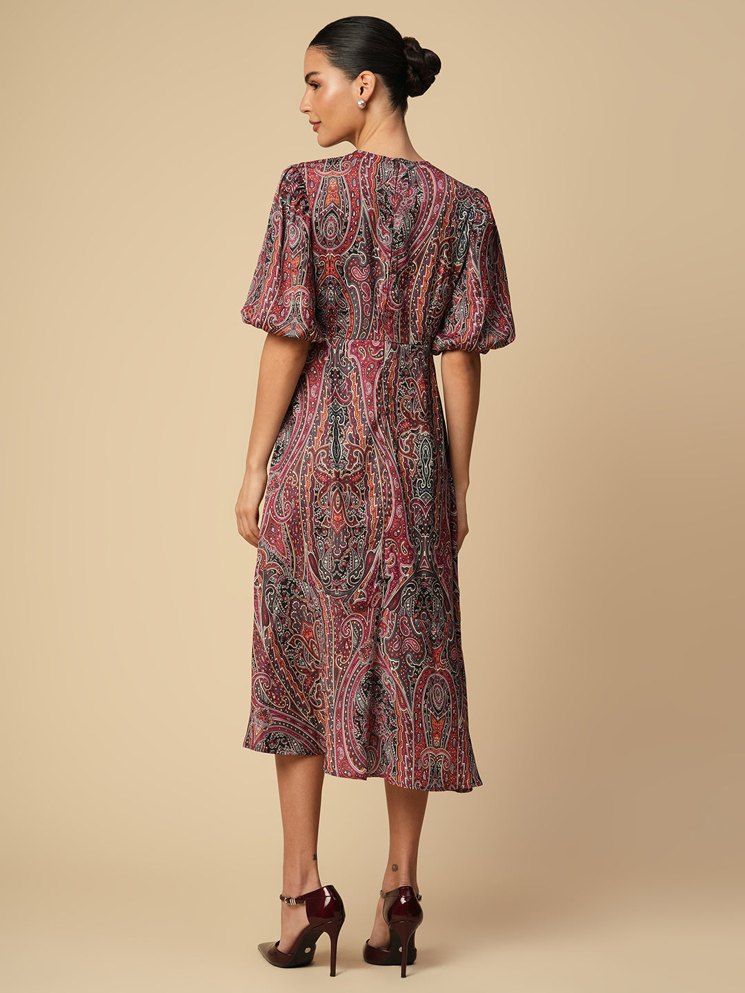 PAISLEY PRINTED SATIN FIT & FLARE ASSYMETRICAL HEMLINE DRESS