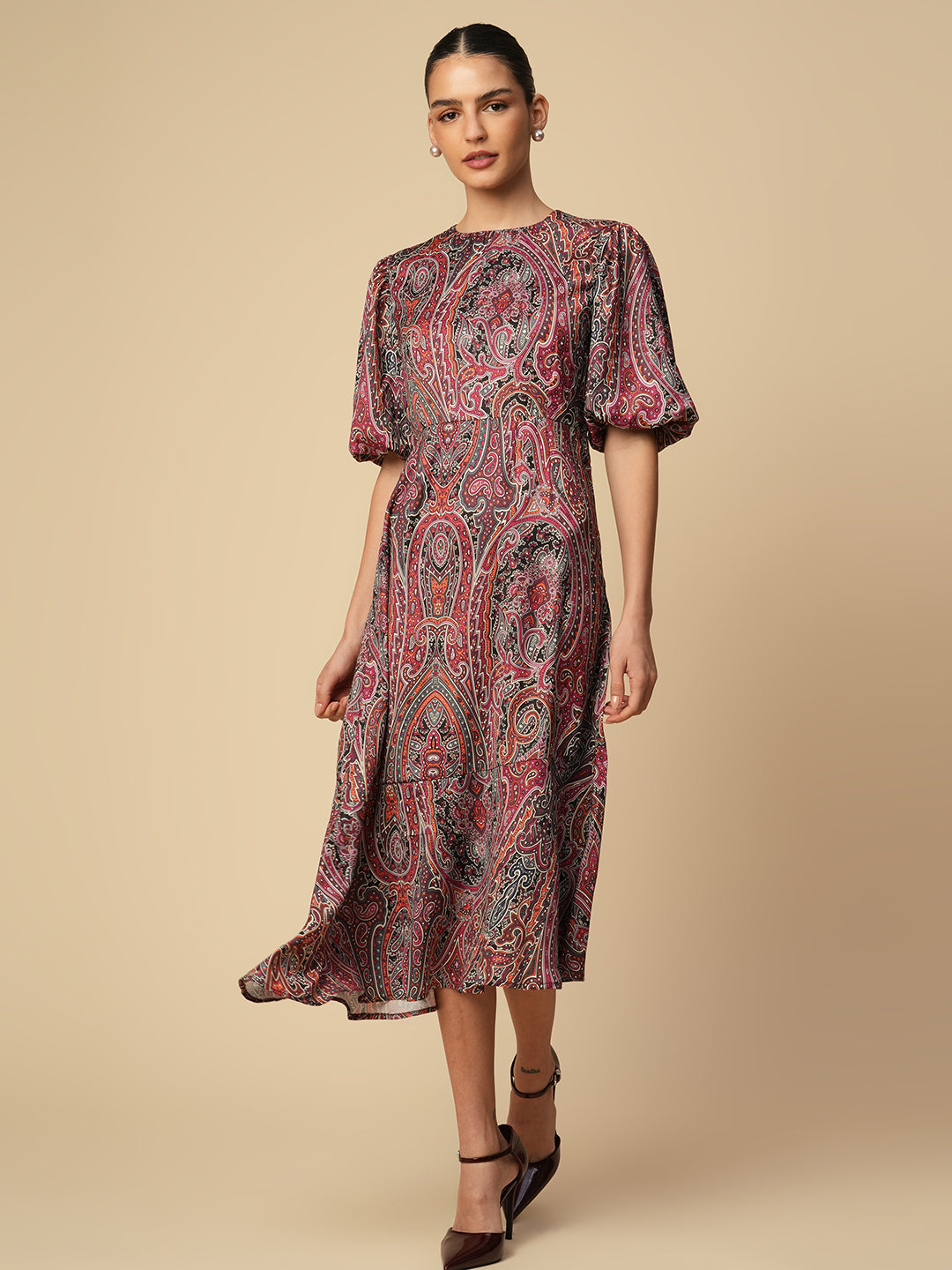 PAISLEY PRINTED SATIN FIT & FLARE ASSYMETRICAL HEMLINE DRESS