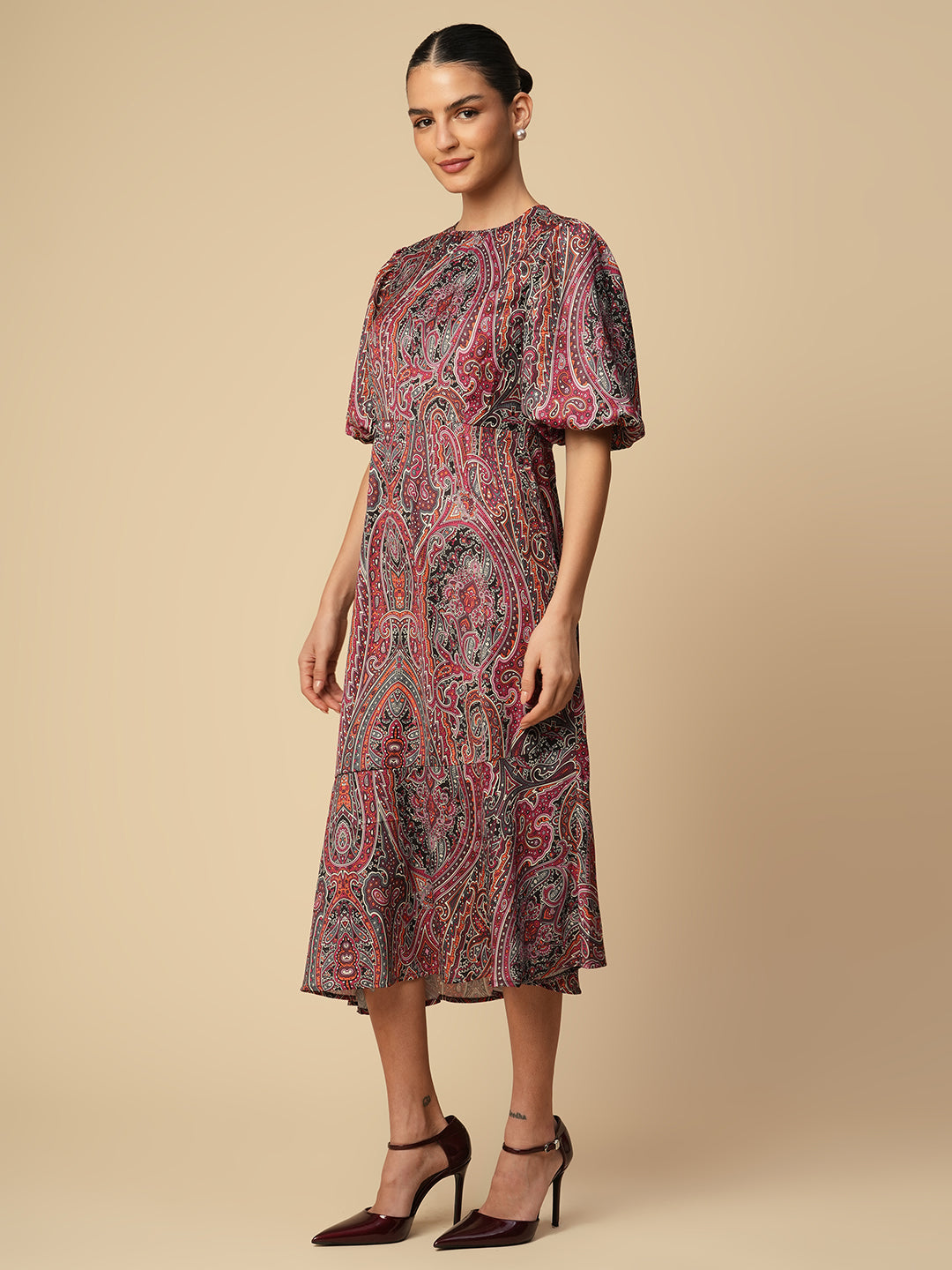 PAISLEY PRINTED SATIN FIT & FLARE ASSYMETRICAL HEMLINE DRESS