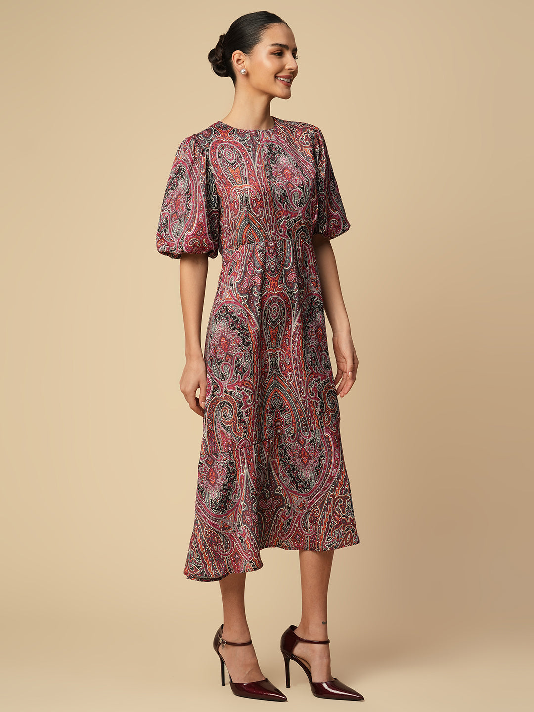 PAISLEY PRINTED SATIN FIT & FLARE ASSYMETRICAL HEMLINE DRESS