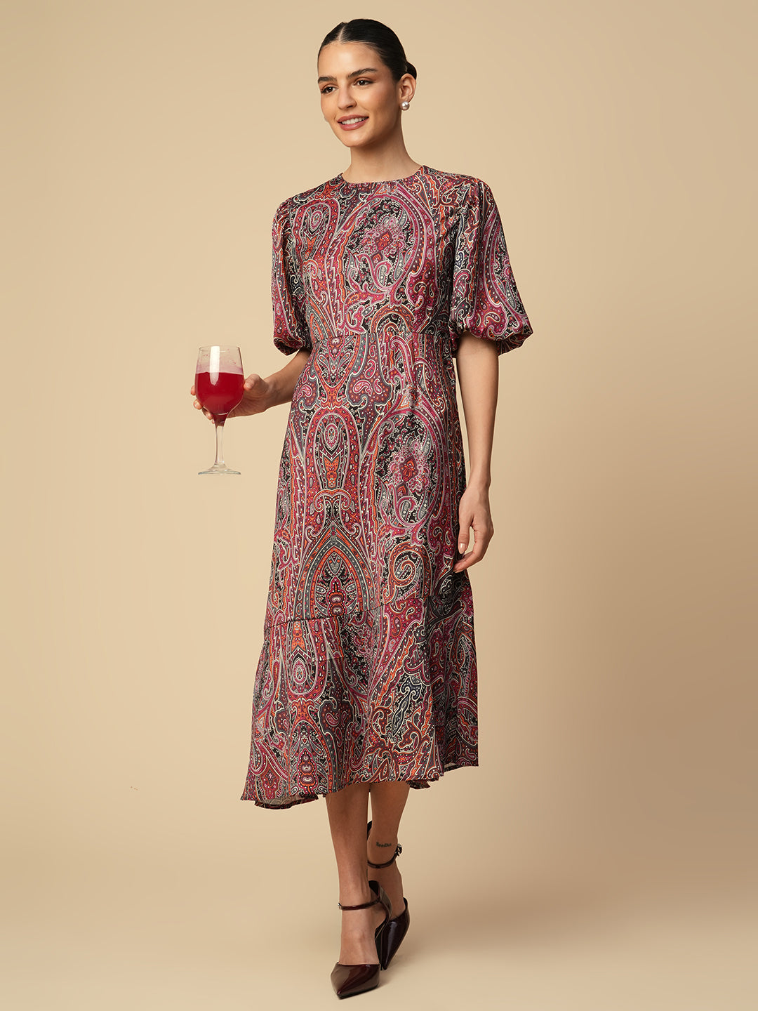 PAISLEY PRINTED SATIN FIT & FLARE ASSYMETRICAL HEMLINE DRESS