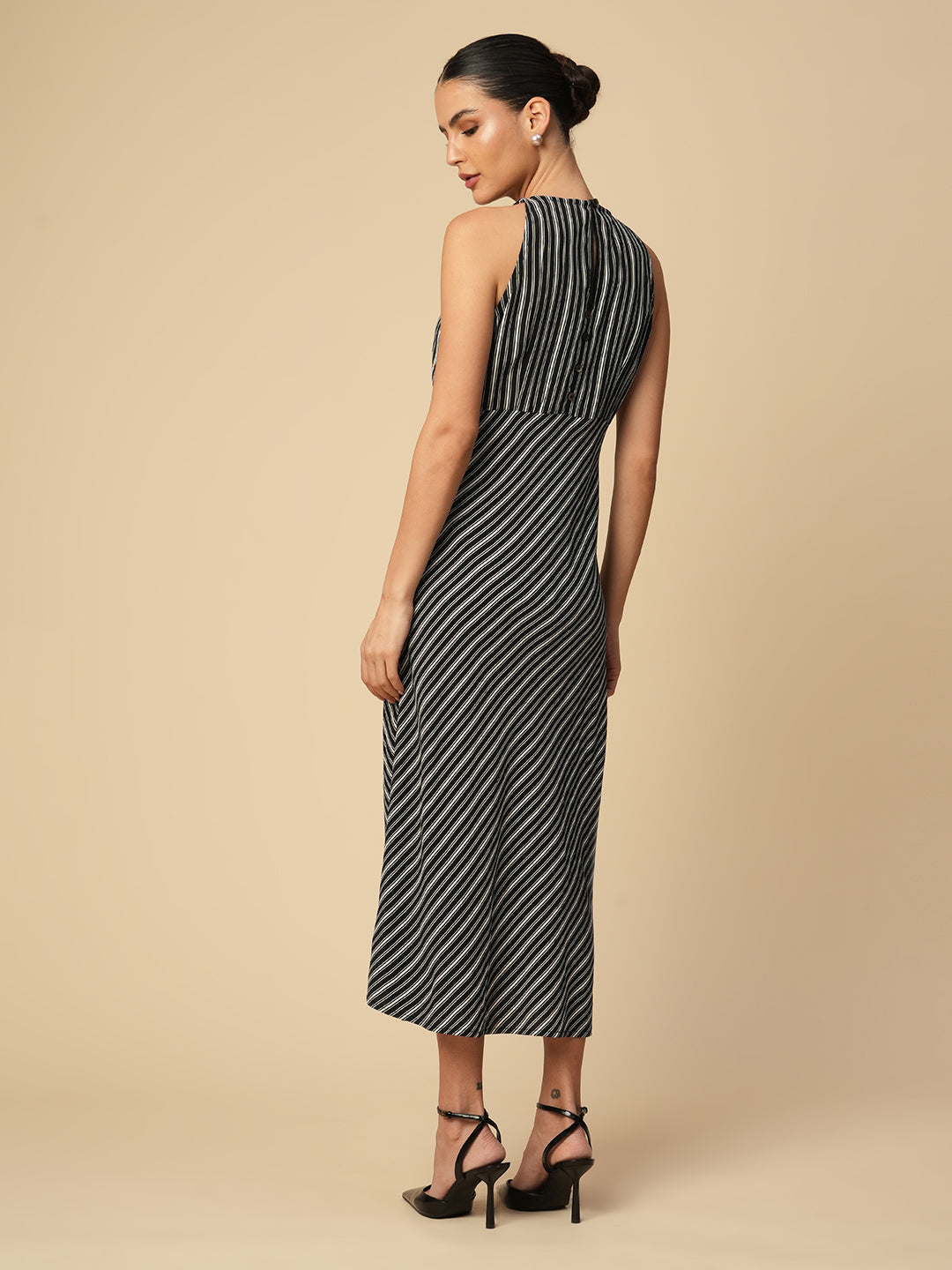 PRINTED STRIPES VISCOSE CREPE HALTER BIAS CUT DRESS