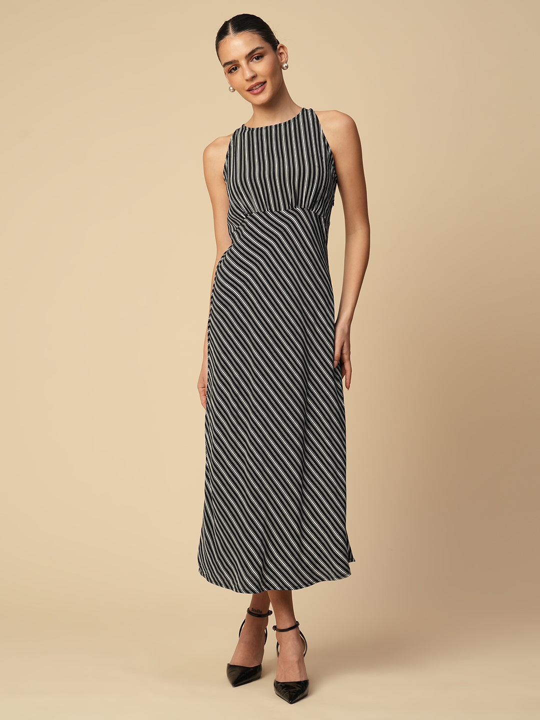 PRINTED STRIPES VISCOSE CREPE HALTER BIAS CUT DRESS