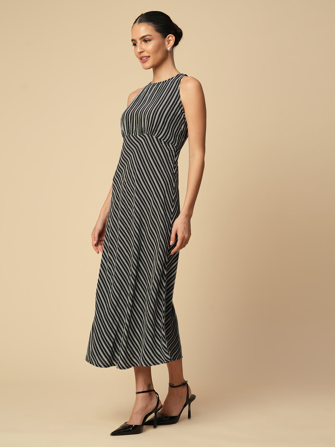 PRINTED STRIPES VISCOSE CREPE HALTER BIAS CUT DRESS