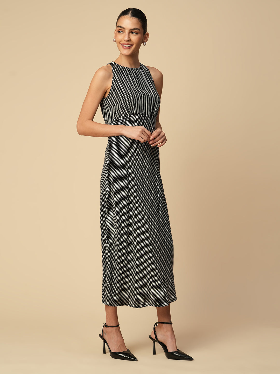 PRINTED STRIPES VISCOSE CREPE HALTER BIAS CUT DRESS