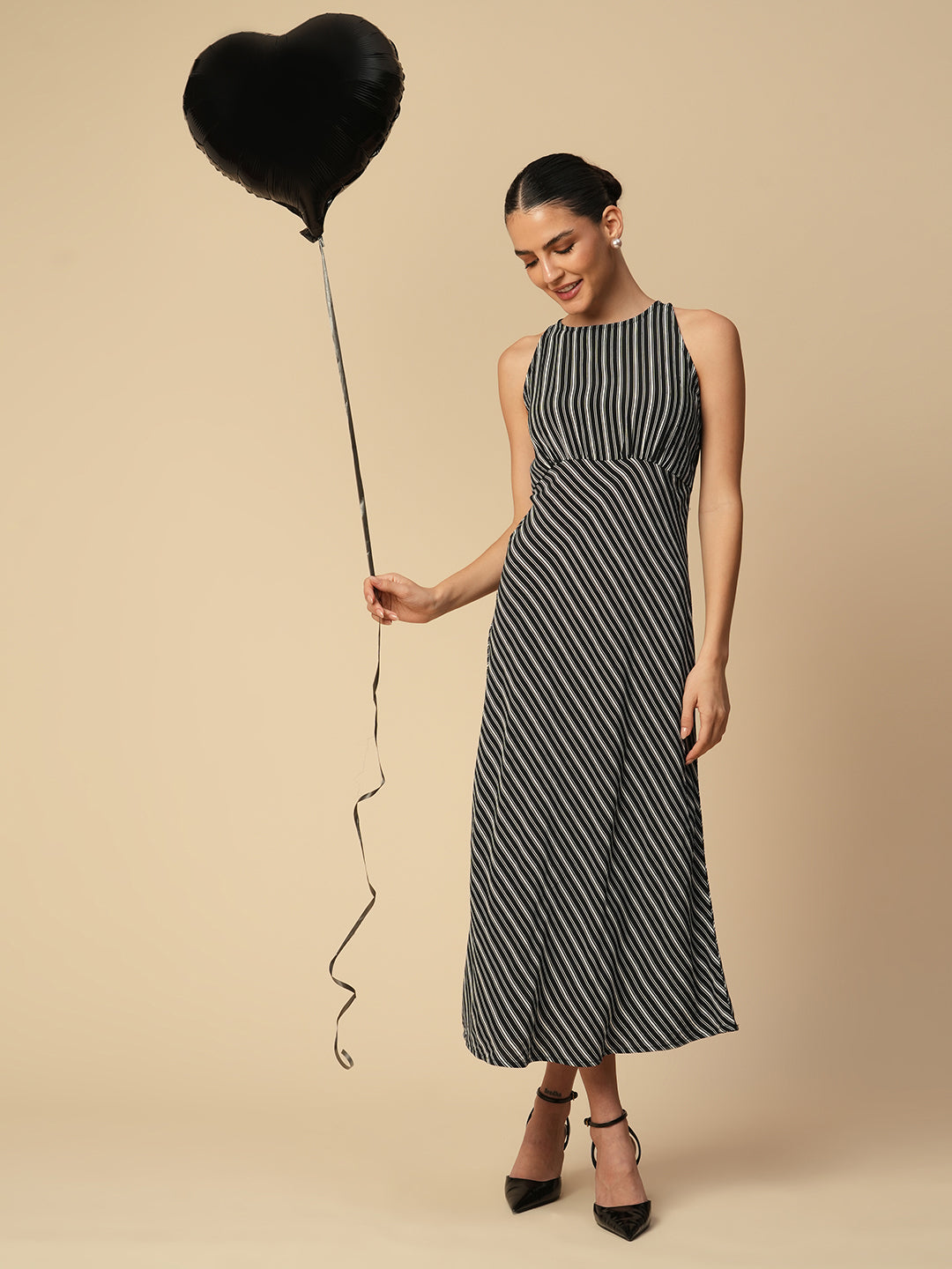 PRINTED STRIPES VISCOSE CREPE HALTER BIAS CUT DRESS