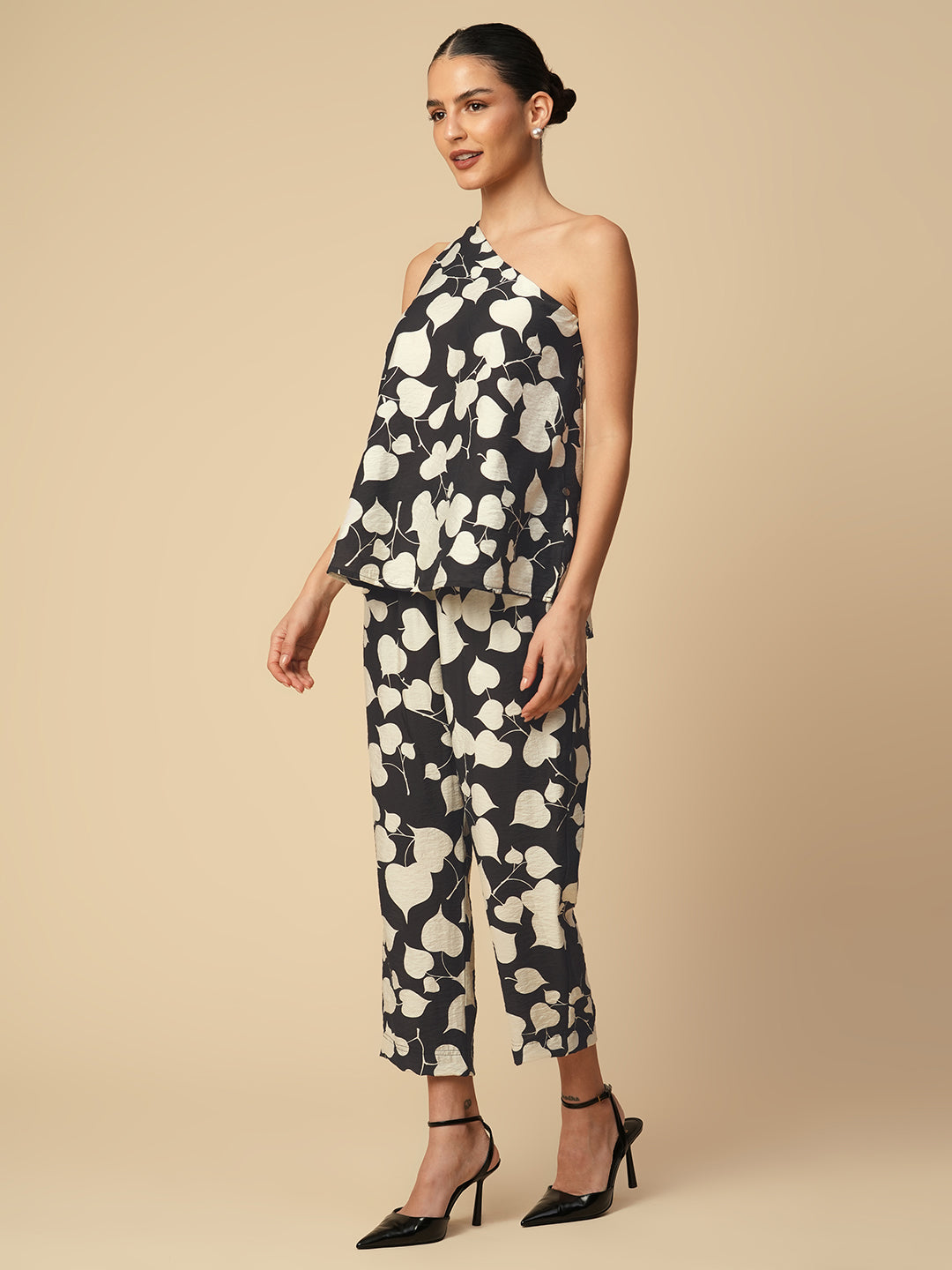 PEEPAL HEARTS ONE SHOULDER SWING TOP & PEG LEG CRUSHED VISCOSE CO-ORD SET