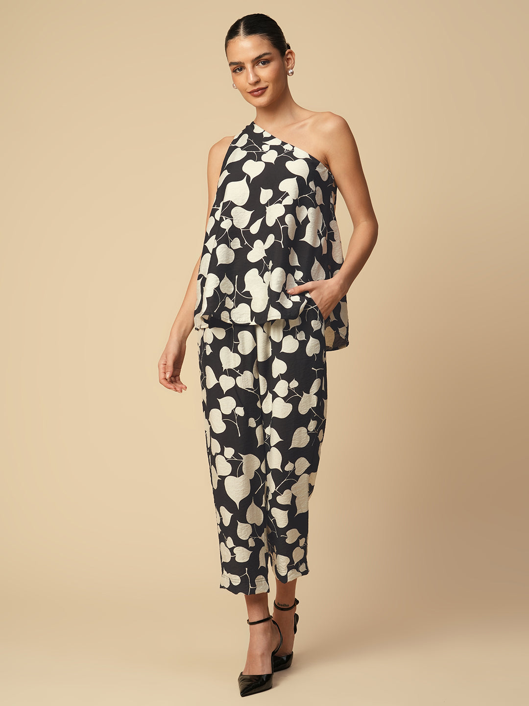 PEEPAL HEARTS ONE SHOULDER SWING TOP & PEG LEG CRUSHED VISCOSE CO-ORD SET