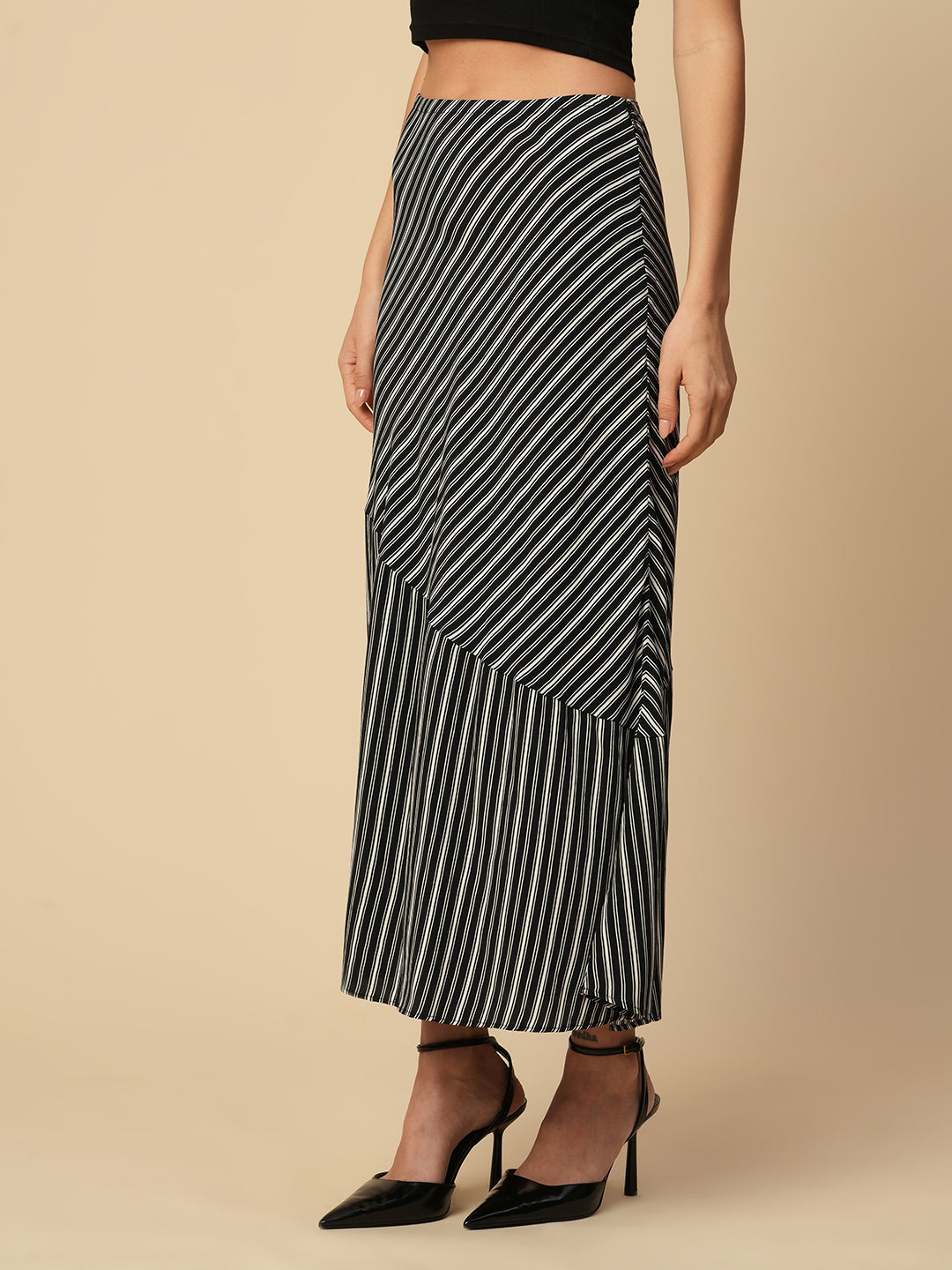 B'N'W PRINTED STRIPES VISCOSE CREPE BIAS CUT SKIRT