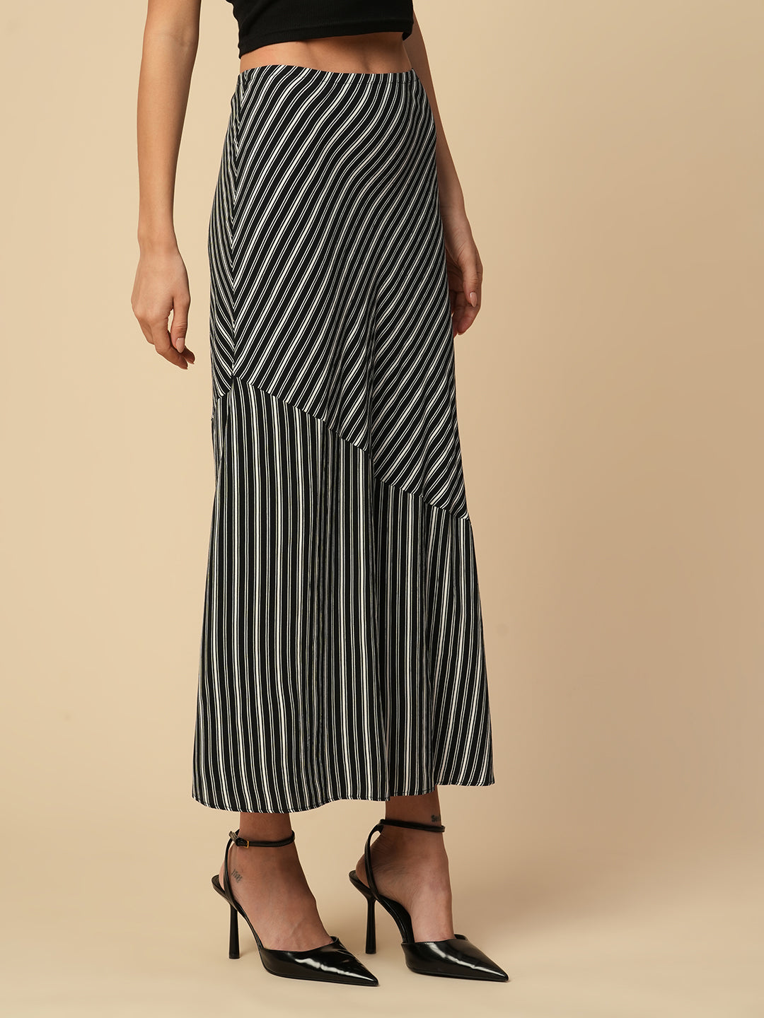 B'N'W PRINTED STRIPES VISCOSE CREPE BIAS CUT SKIRT