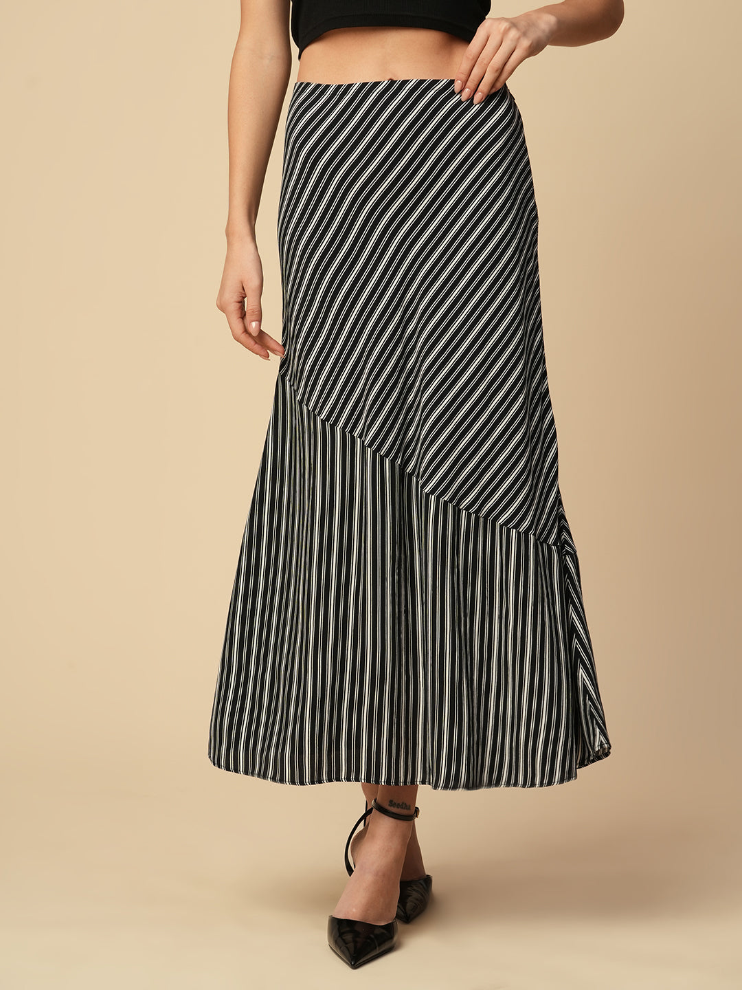 B'N'W PRINTED STRIPES VISCOSE CREPE BIAS CUT SKIRT