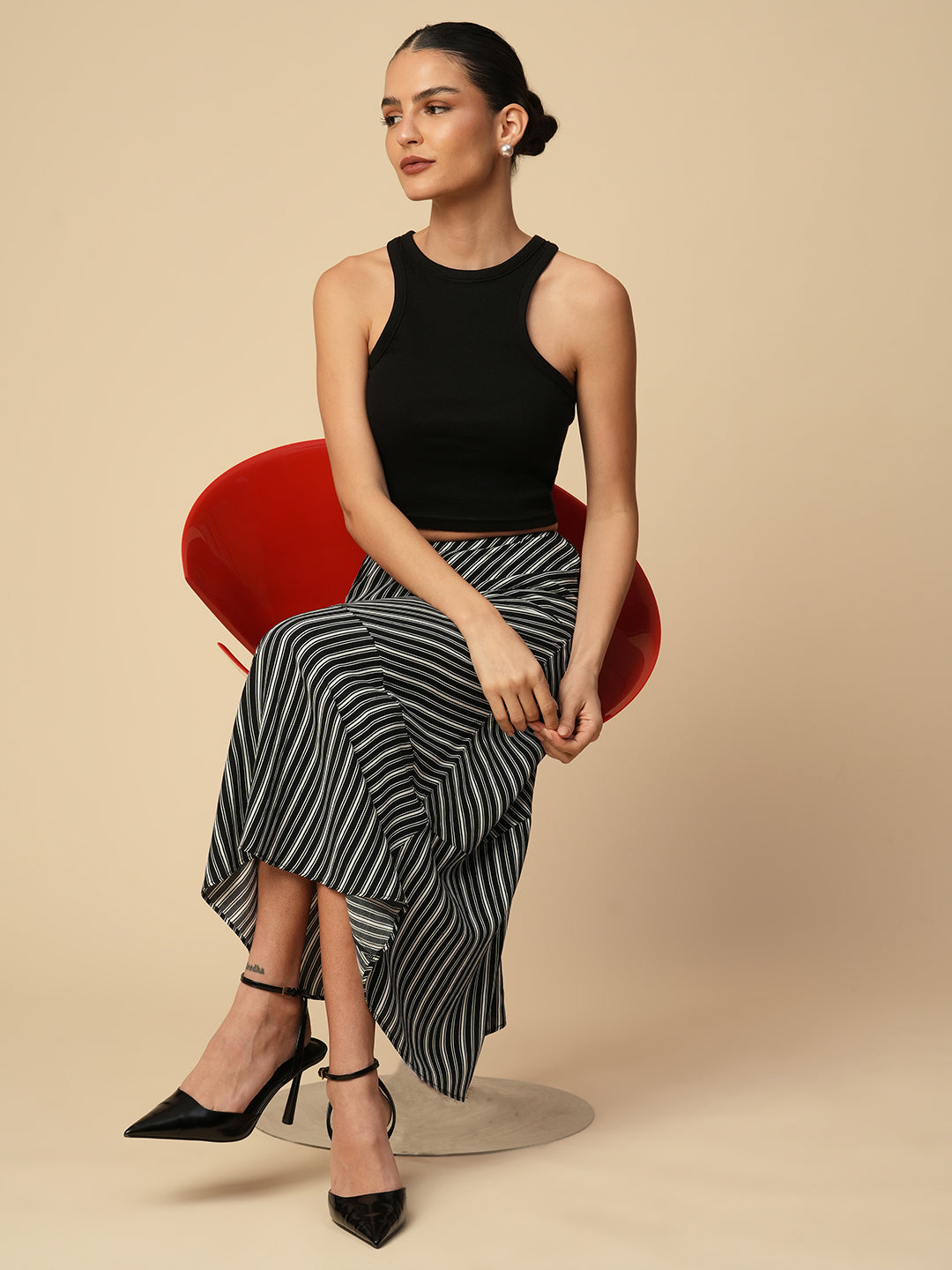 B'N'W PRINTED STRIPES VISCOSE CREPE BIAS CUT SKIRT