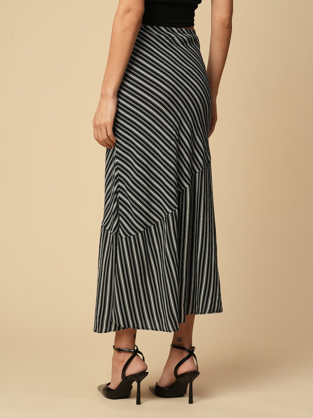 B'N'W PRINTED STRIPES VISCOSE CREPE BIAS CUT SKIRT