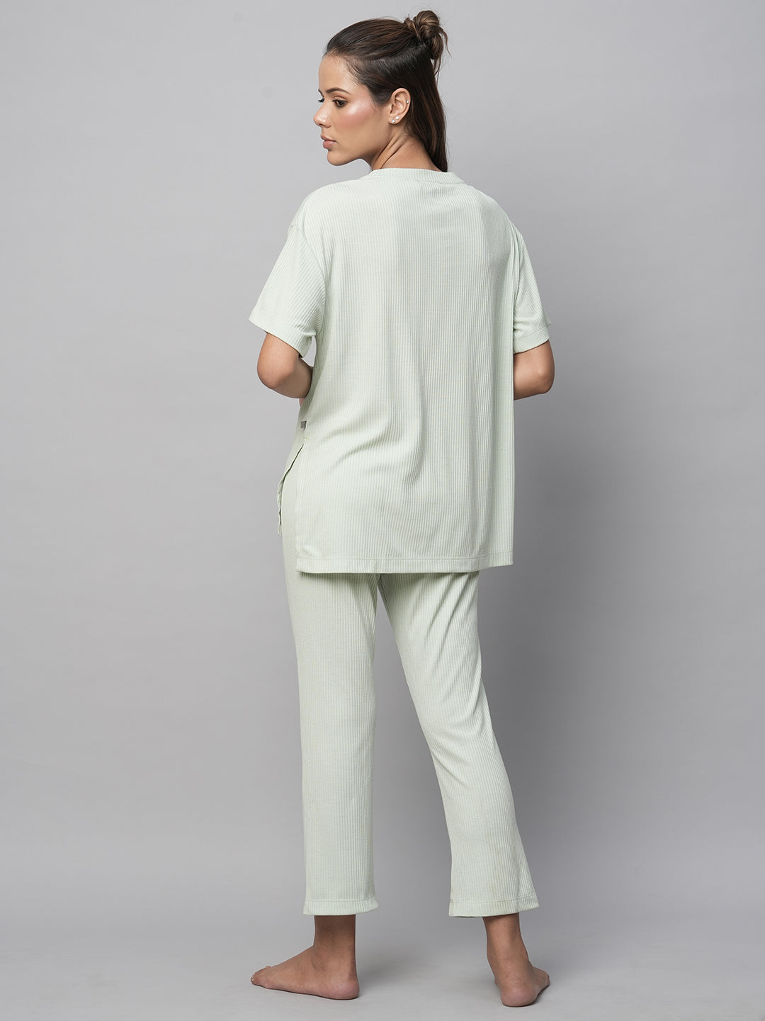 Ribbed Knit Drop Shoulder Longline Tee And Cropped Pj Lounge Set