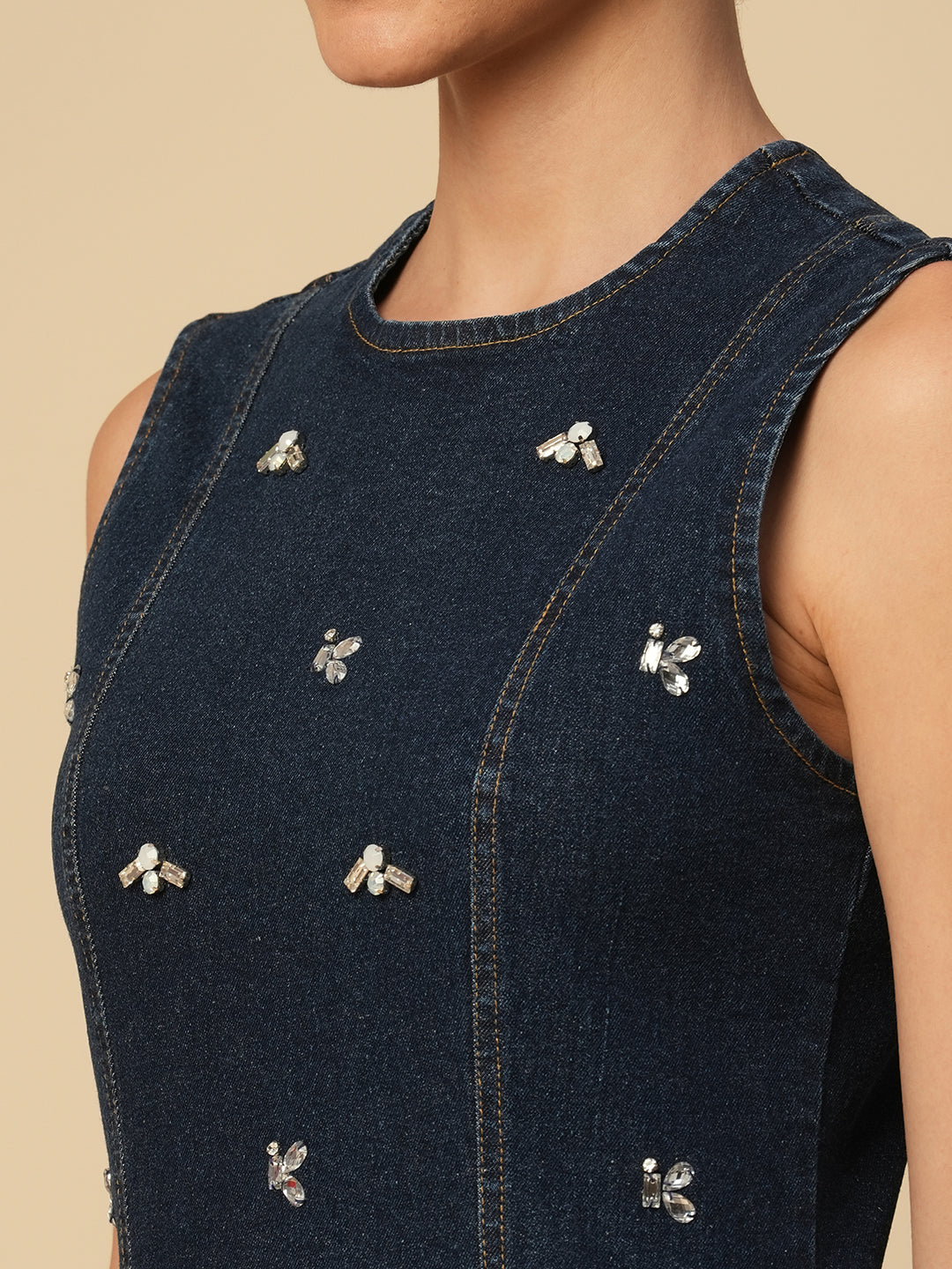 DENIM EMBELLISHED FITTED DRESS