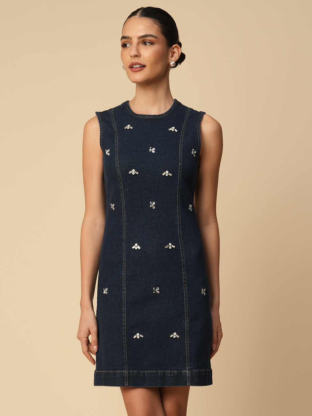 DENIM EMBELLISHED FITTED DRESS