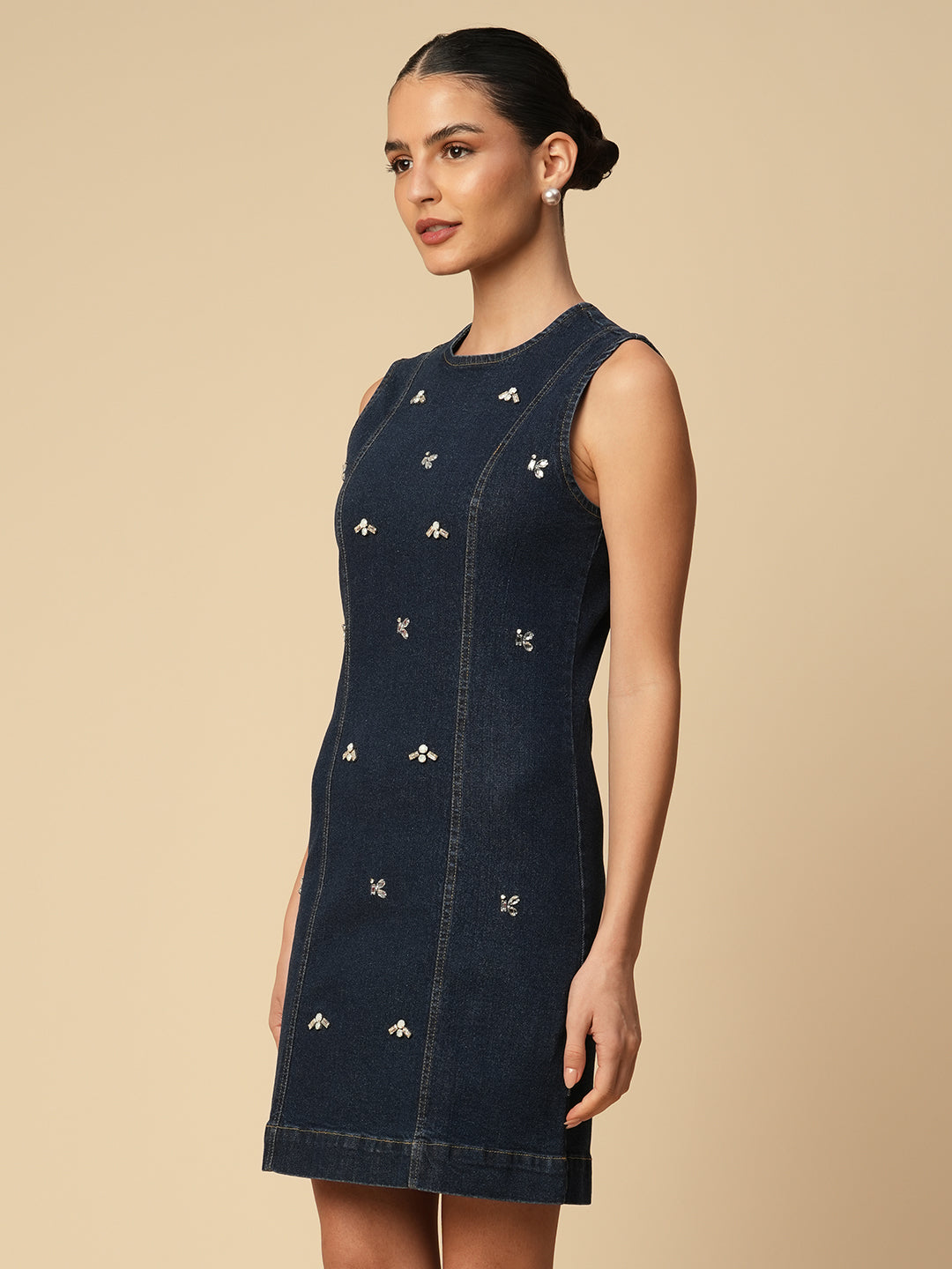 DENIM EMBELLISHED FITTED DRESS