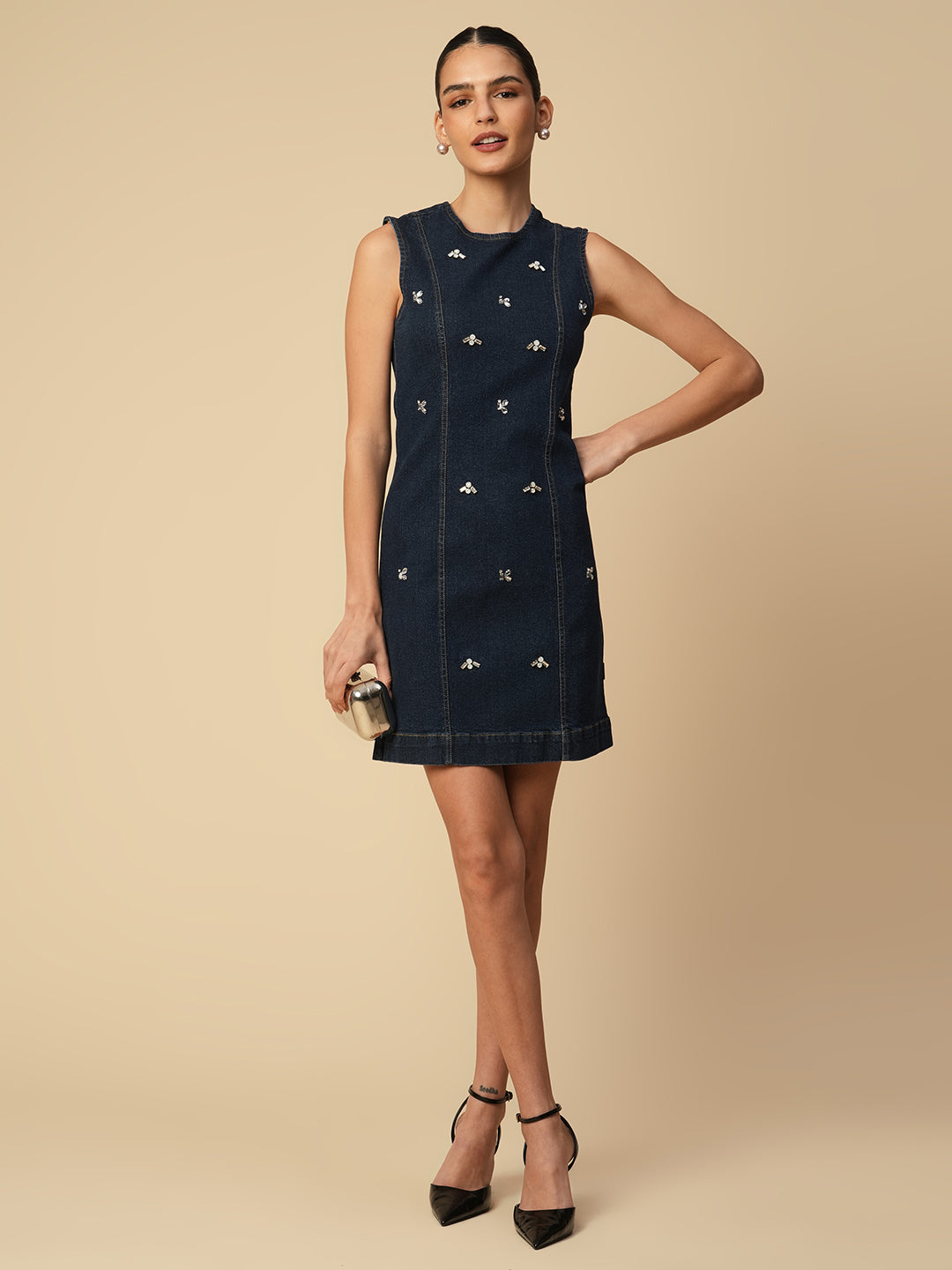 DENIM EMBELLISHED FITTED DRESS