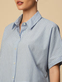 COTTON STRIPED OVERSIZED SHIRT W/ HIGH LOW HEMLINE