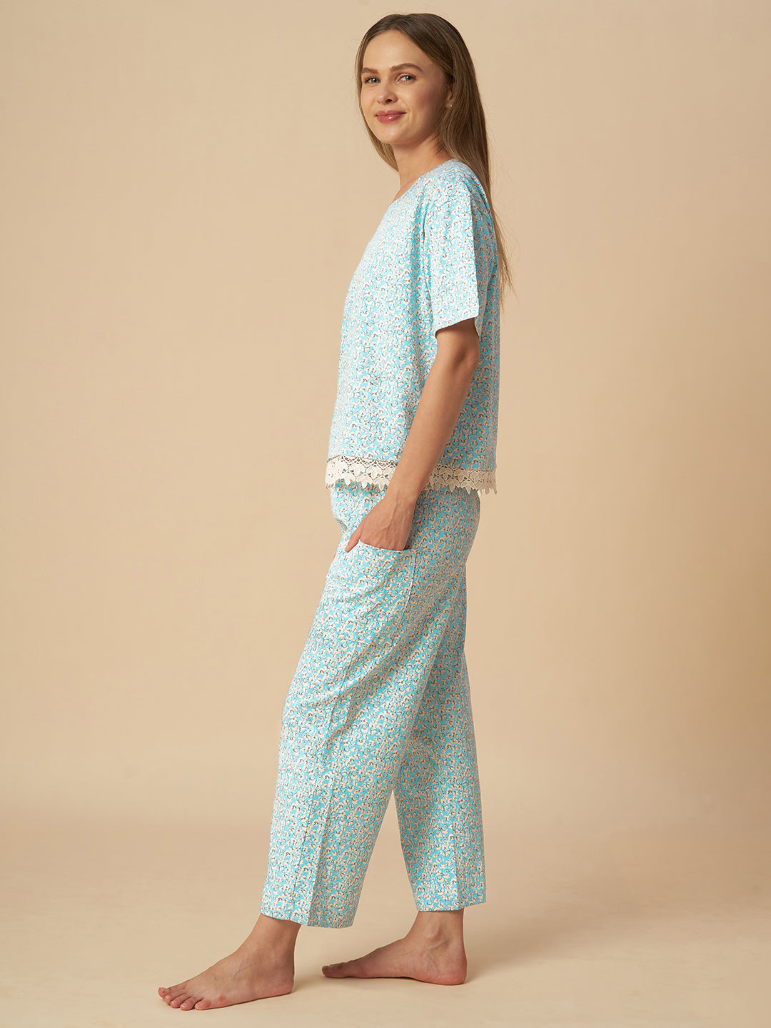 FLORAL JERSEY LACE TRIMMED NIGHTSUIT