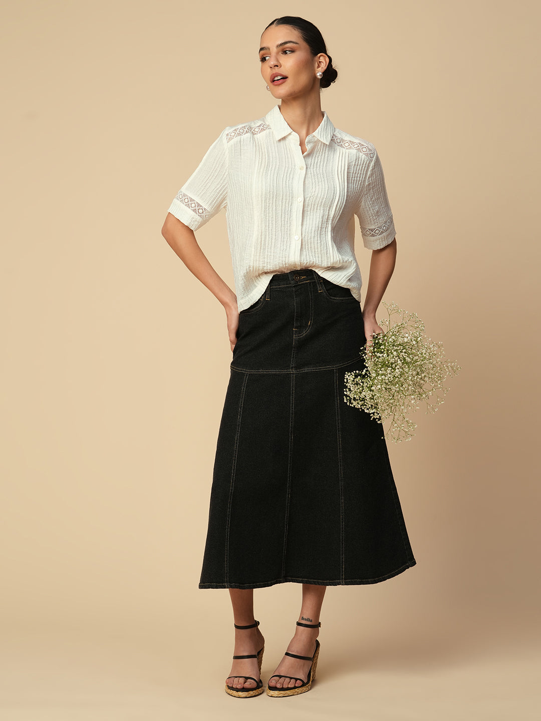 TEXTURED VISCOSE LACE INSERT BOXY CROPPED FLUID SHIRT