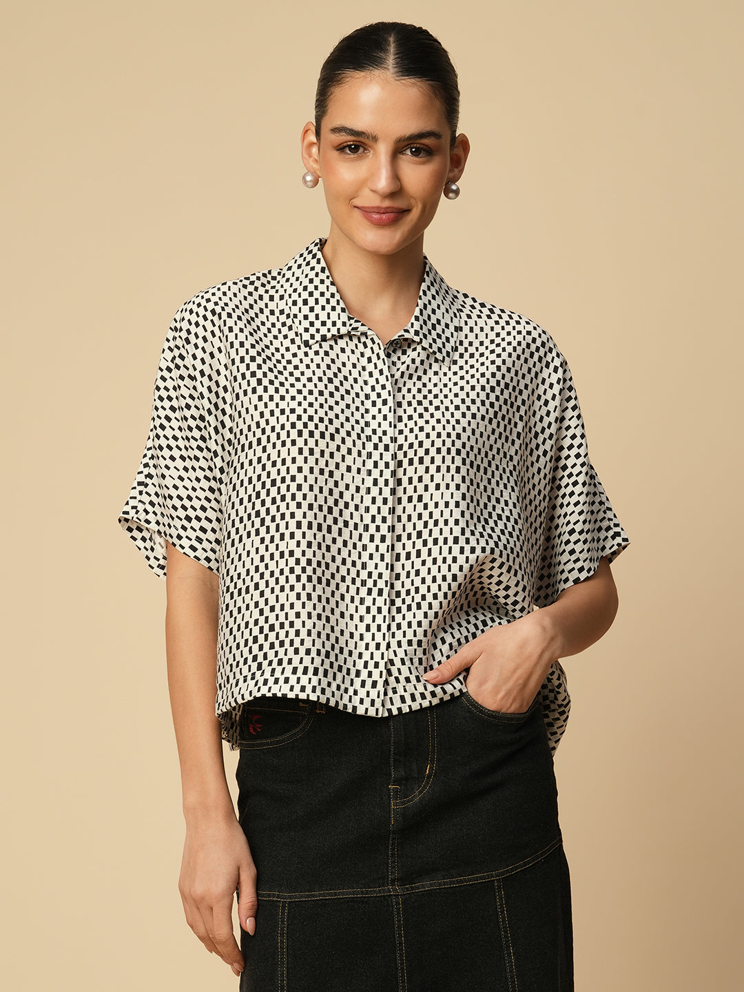 VISCOSE POLYAMIDE OVERSIZED BOXY CROPPED FLUID SHIRT