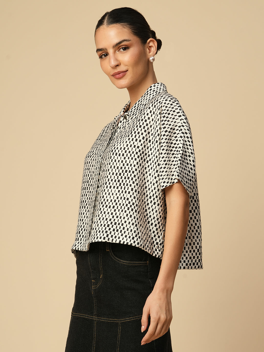 VISCOSE POLYAMIDE OVERSIZED BOXY CROPPED FLUID SHIRT