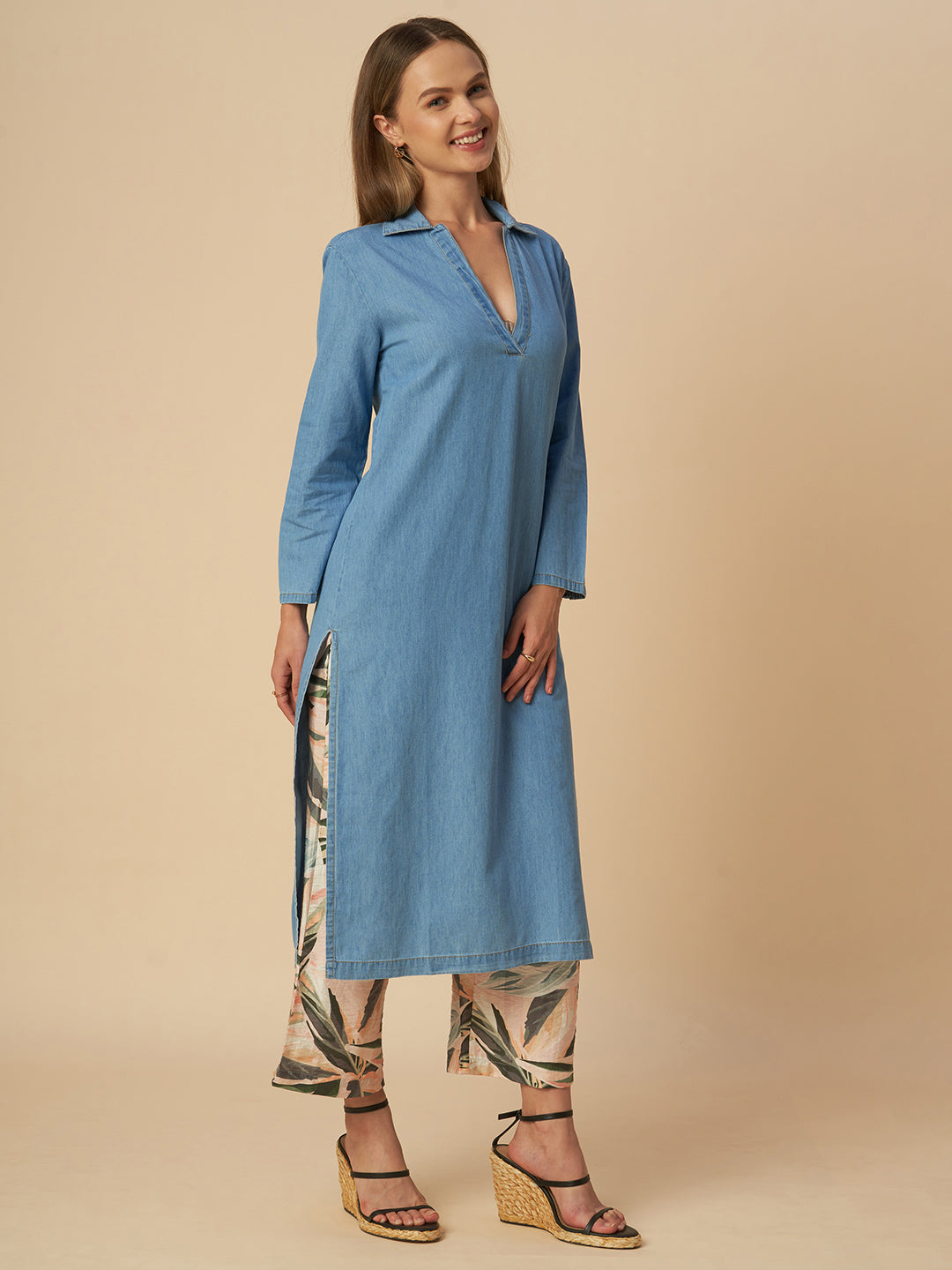 DENIM LONGLINE TUNIC & PRINTED WIDE LEG PJ SET