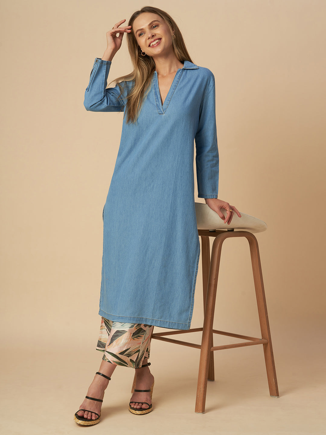 DENIM LONGLINE TUNIC & PRINTED WIDE LEG PJ SET