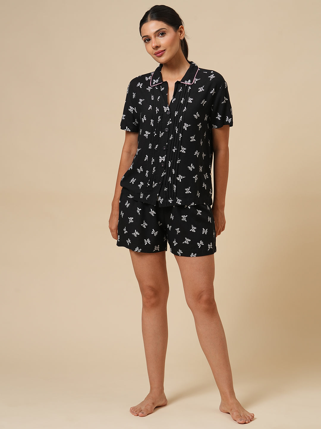 BOW PRINTED VISCOSE NIGHTSUIT