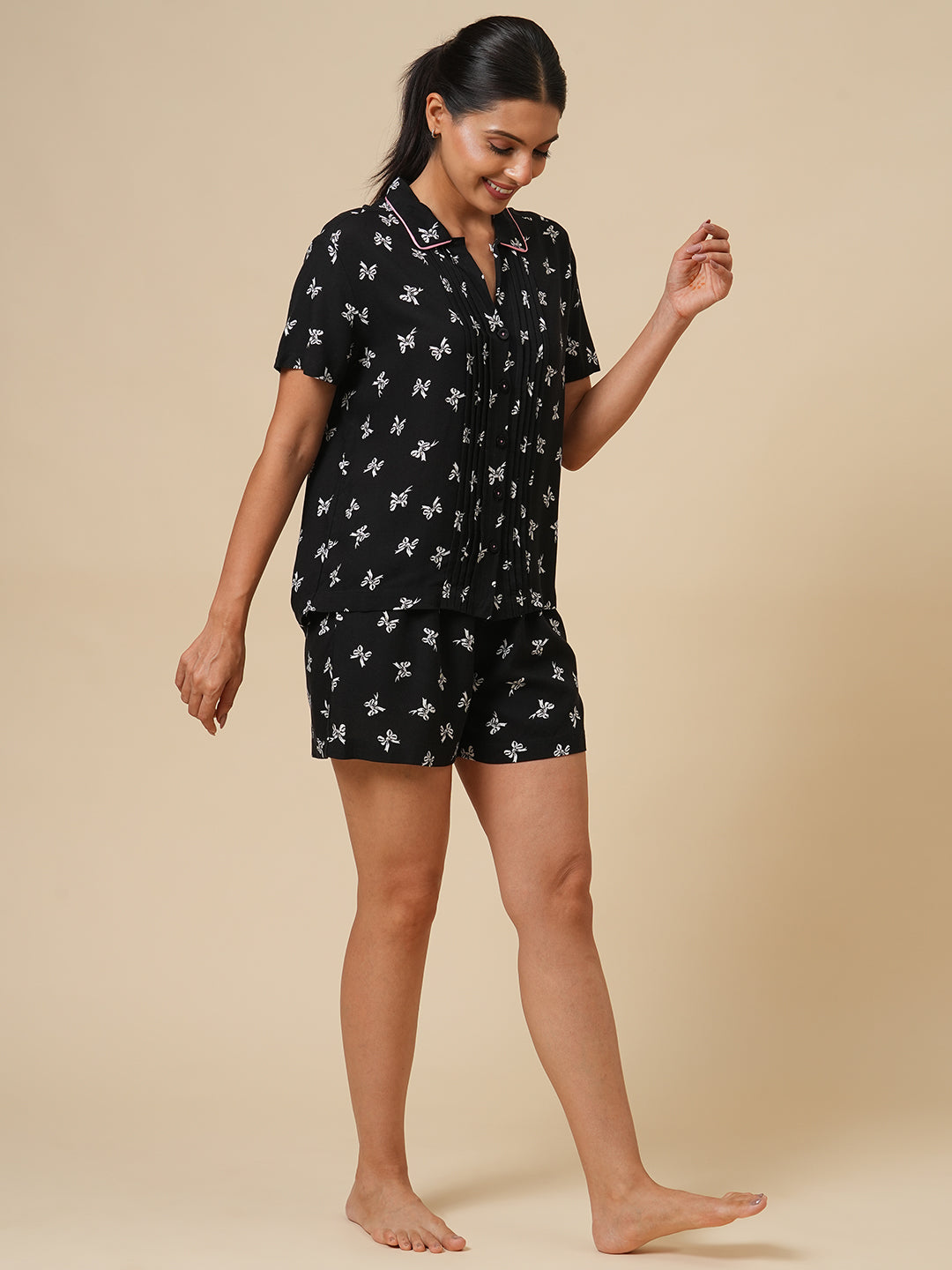 BOW PRINTED VISCOSE NIGHTSUIT