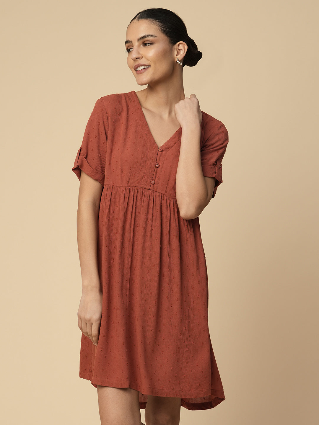 CRINKLE VISCOSE SWISS DOT BASQUE LOUNGE DRESS