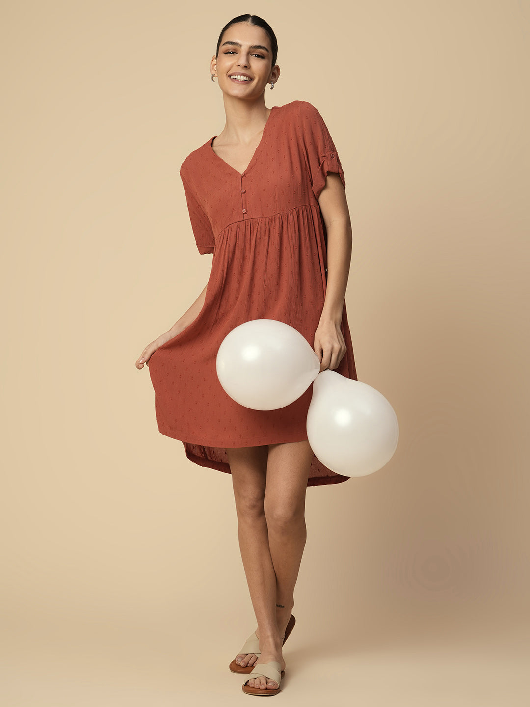 CRINKLE VISCOSE SWISS DOT BASQUE LOUNGE DRESS