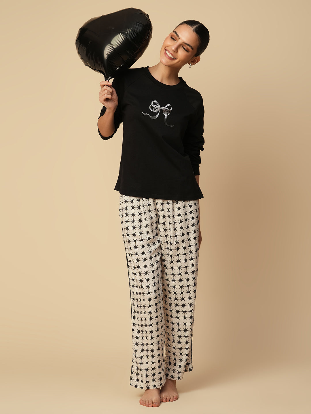 FOIL PRINTED TEE & STARBURST PRINTED VISCOSE PJ SET