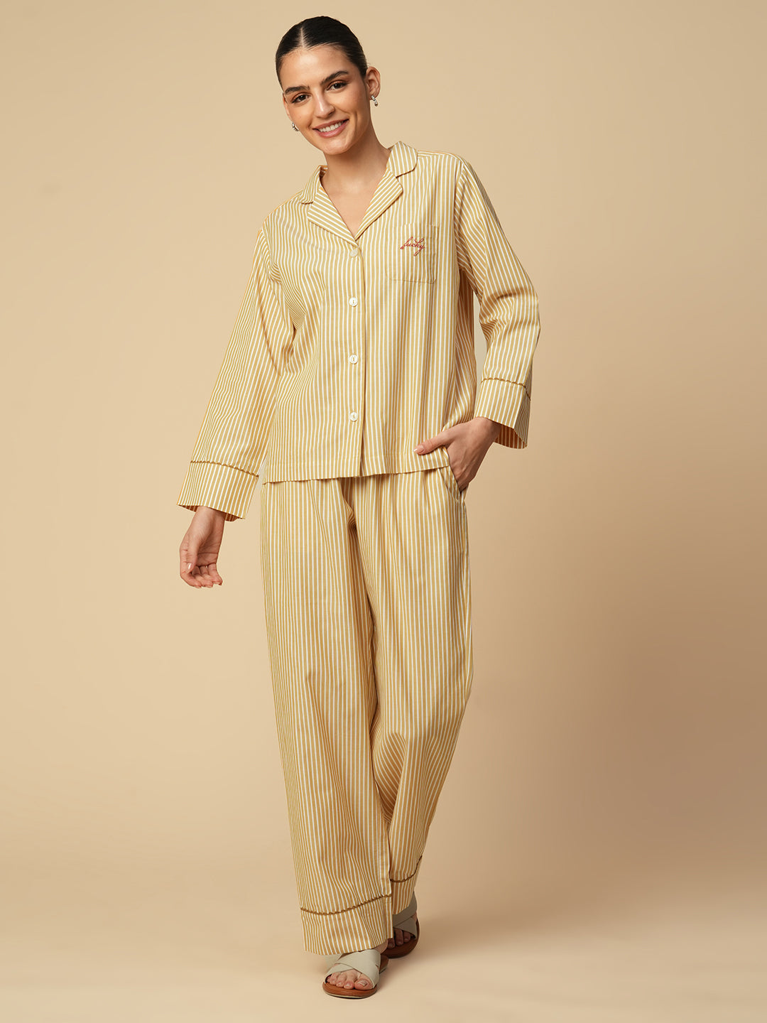 STRIPED COTTON NIGHTSUIT W/ RIC RAC DETAILING