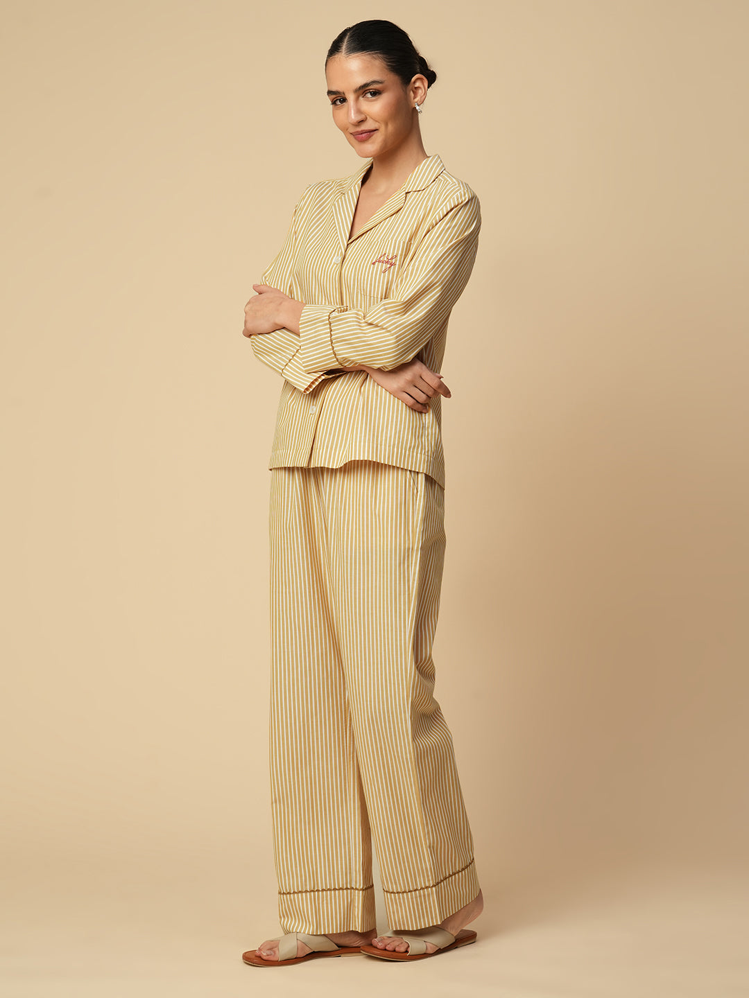 STRIPED COTTON NIGHTSUIT W/ RIC RAC DETAILING