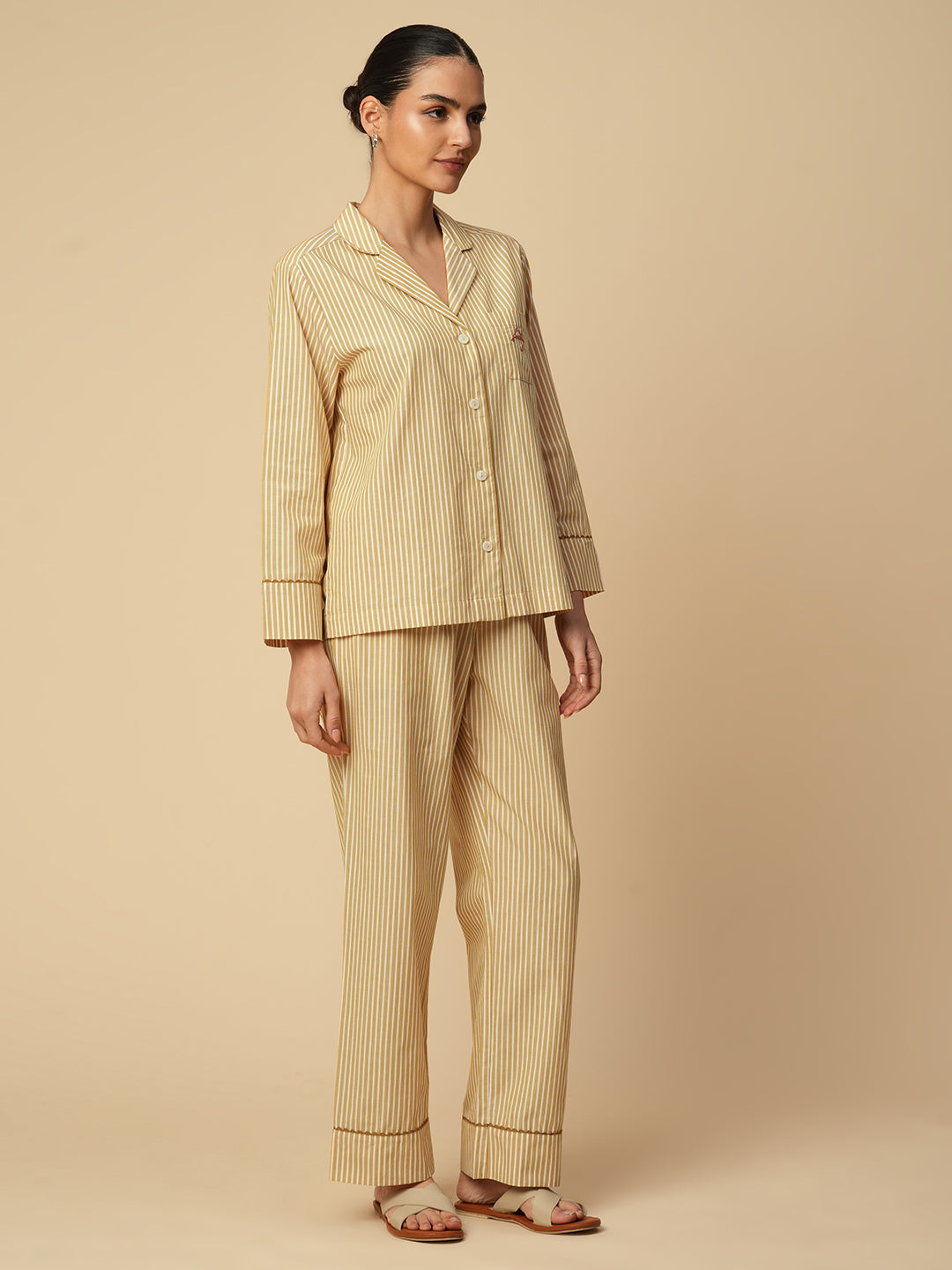 STRIPED COTTON NIGHTSUIT W/ RIC RAC DETAILING