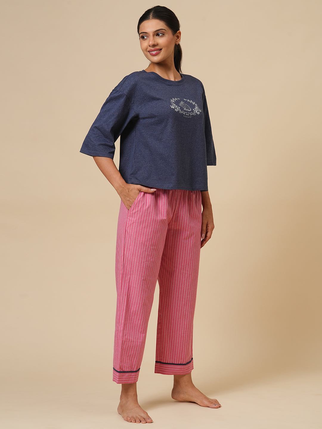 PRINTED MELANGE TEE & STRIPED PJ NIGHT SUIT