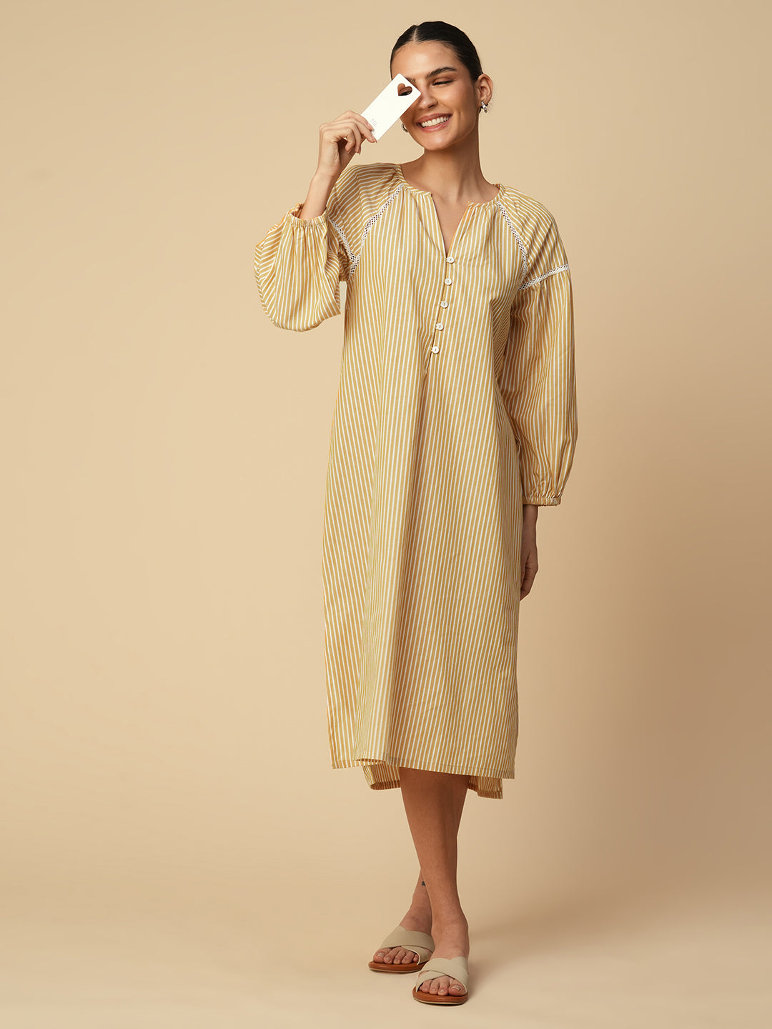 STRIPED COTTON NIGHTDRESS W/ LACE INSERT DETAILING