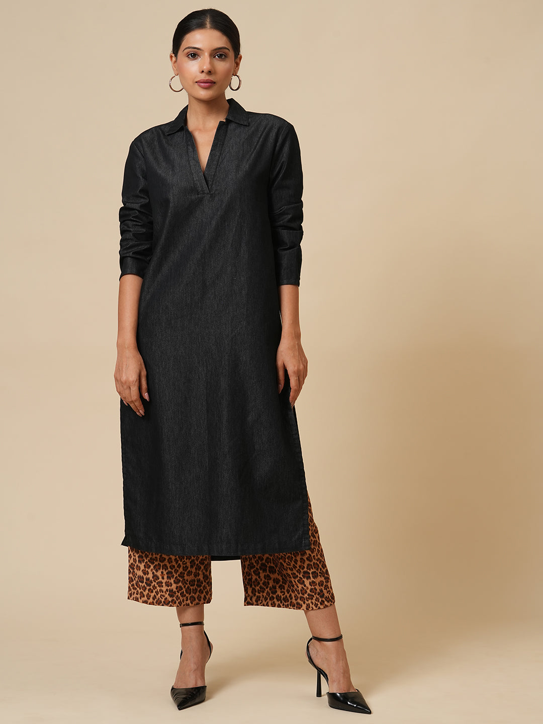 FLUID DENIM & LEOPARD PRINTED WIDE LEG PJ SET