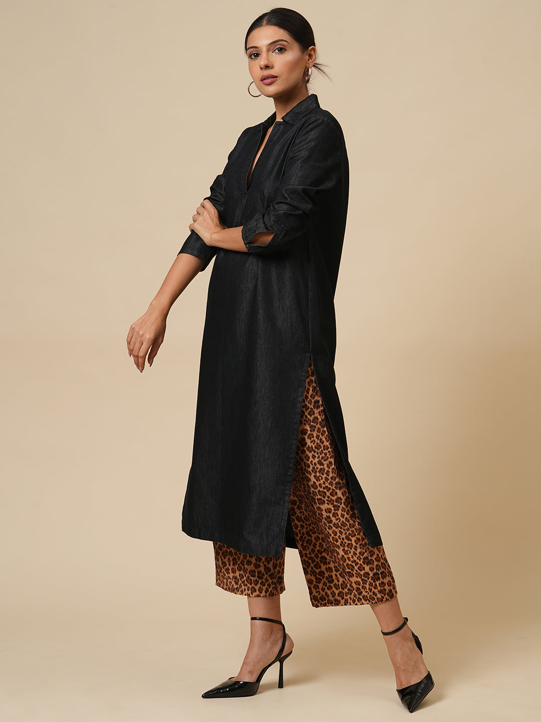 FLUID DENIM & LEOPARD PRINTED WIDE LEG PJ SET