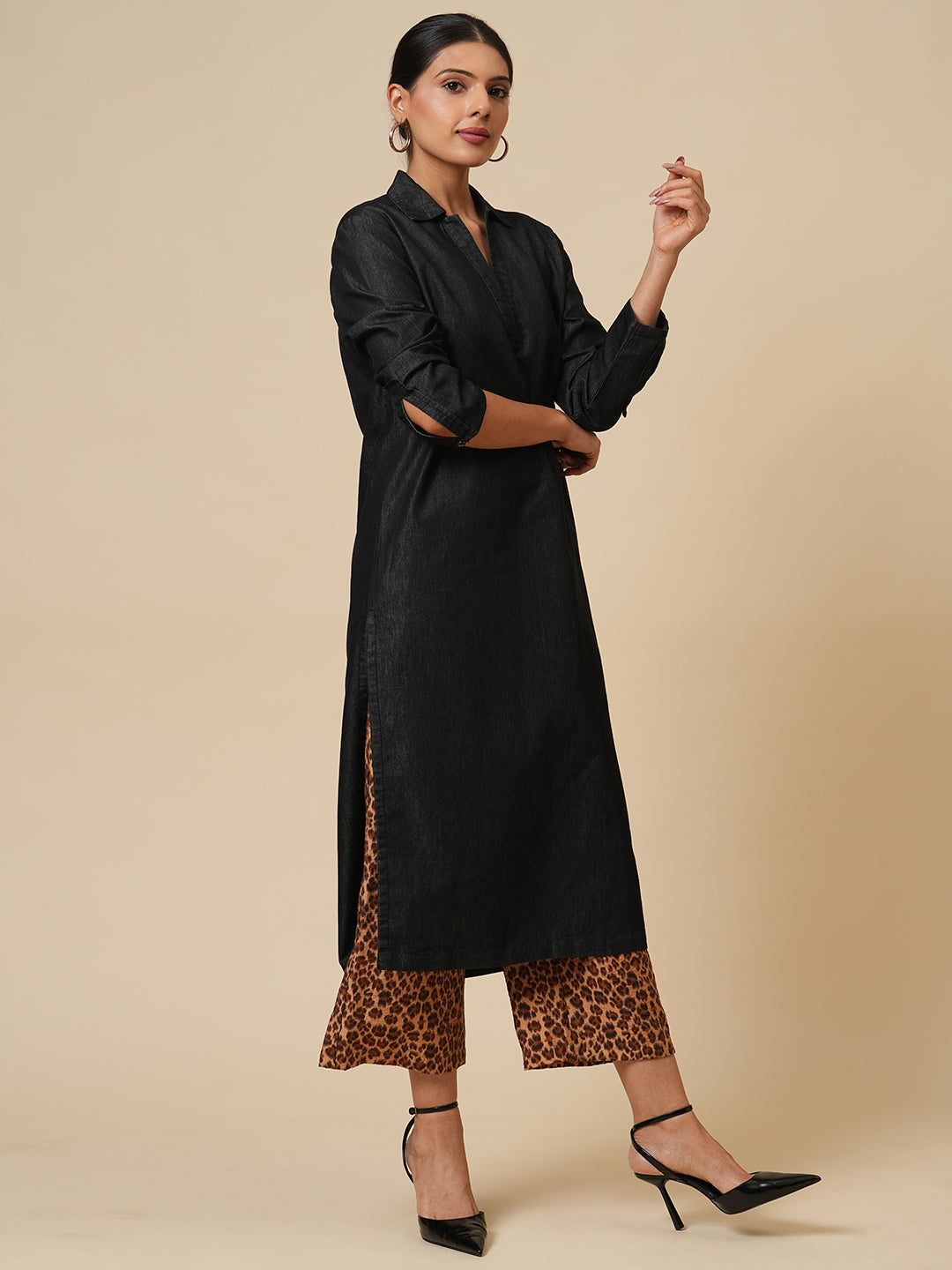 FLUID DENIM & LEOPARD PRINTED WIDE LEG PJ SET