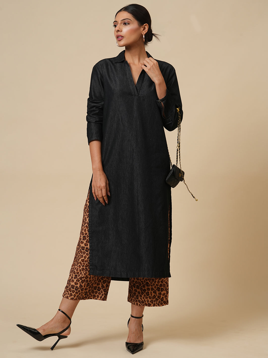 FLUID DENIM & LEOPARD PRINTED WIDE LEG PJ SET