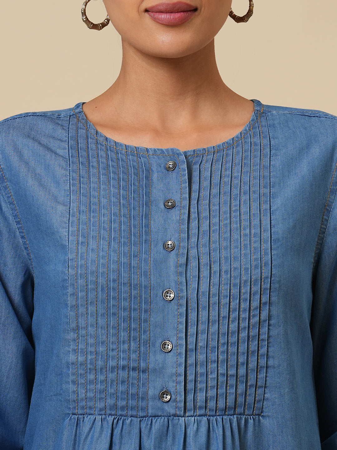 COTTON TENCEL PINTUCKED DENIM TOP