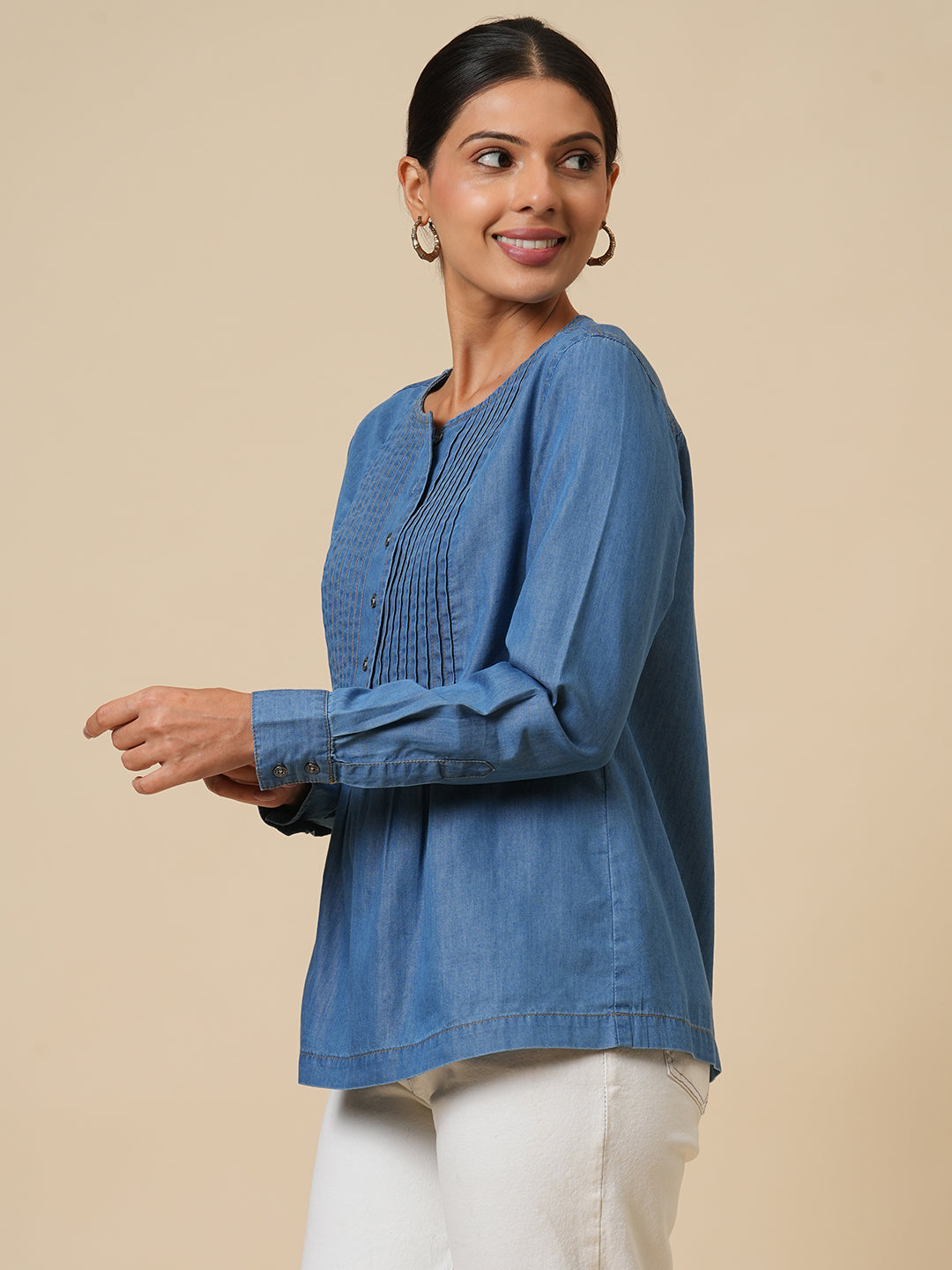 COTTON TENCEL PINTUCKED DENIM TOP